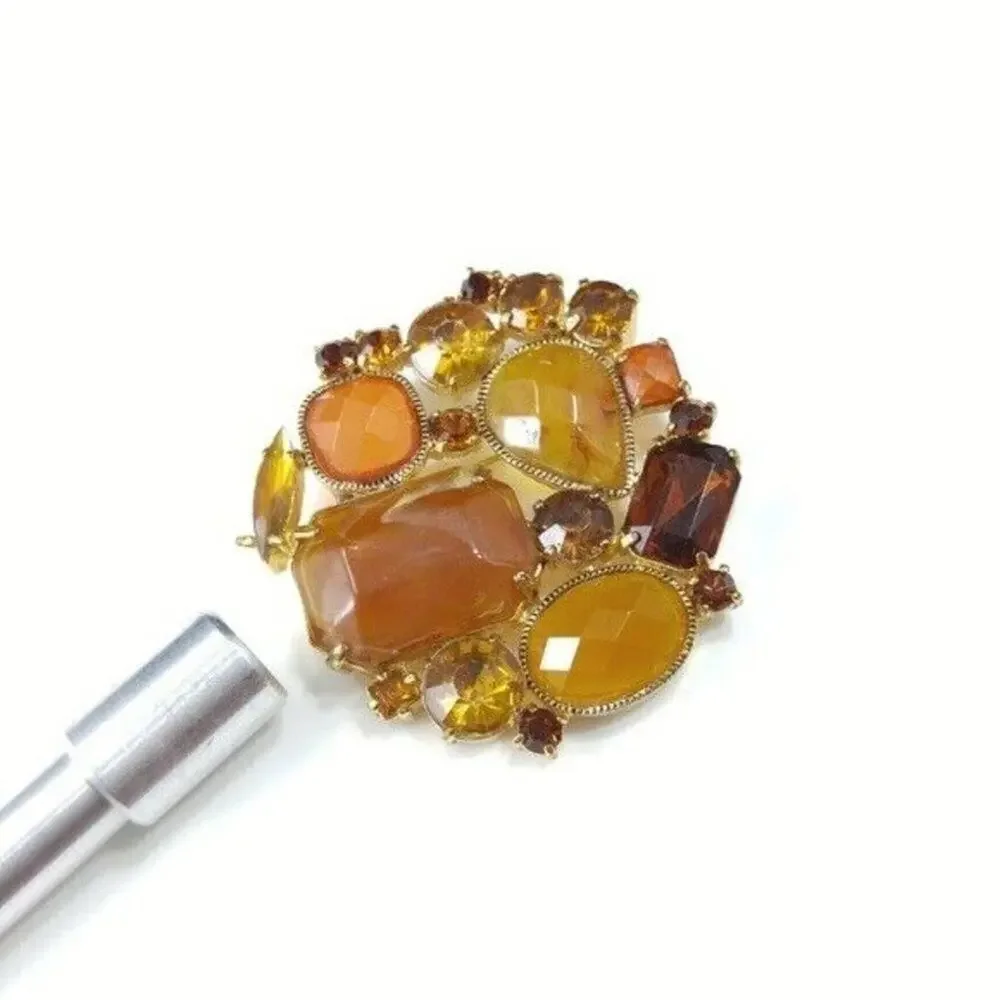 Vintage Topaz Cabochons & Rhinestones Brooch, Light Dark Topaz, Gold Tone, 2 In